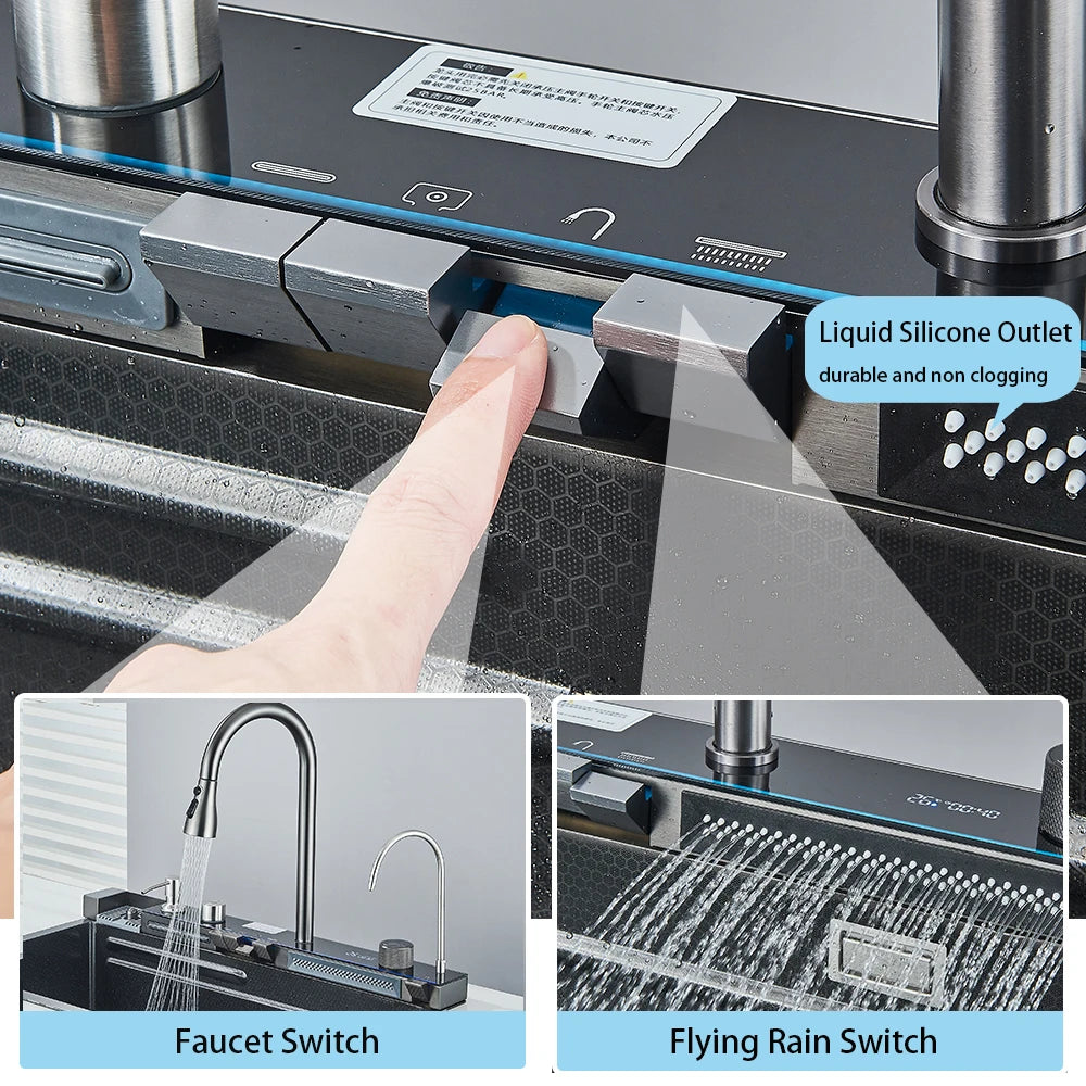 Waterfall Style 304 Stainless Steel Undermount Kitchen Sink Digital Display