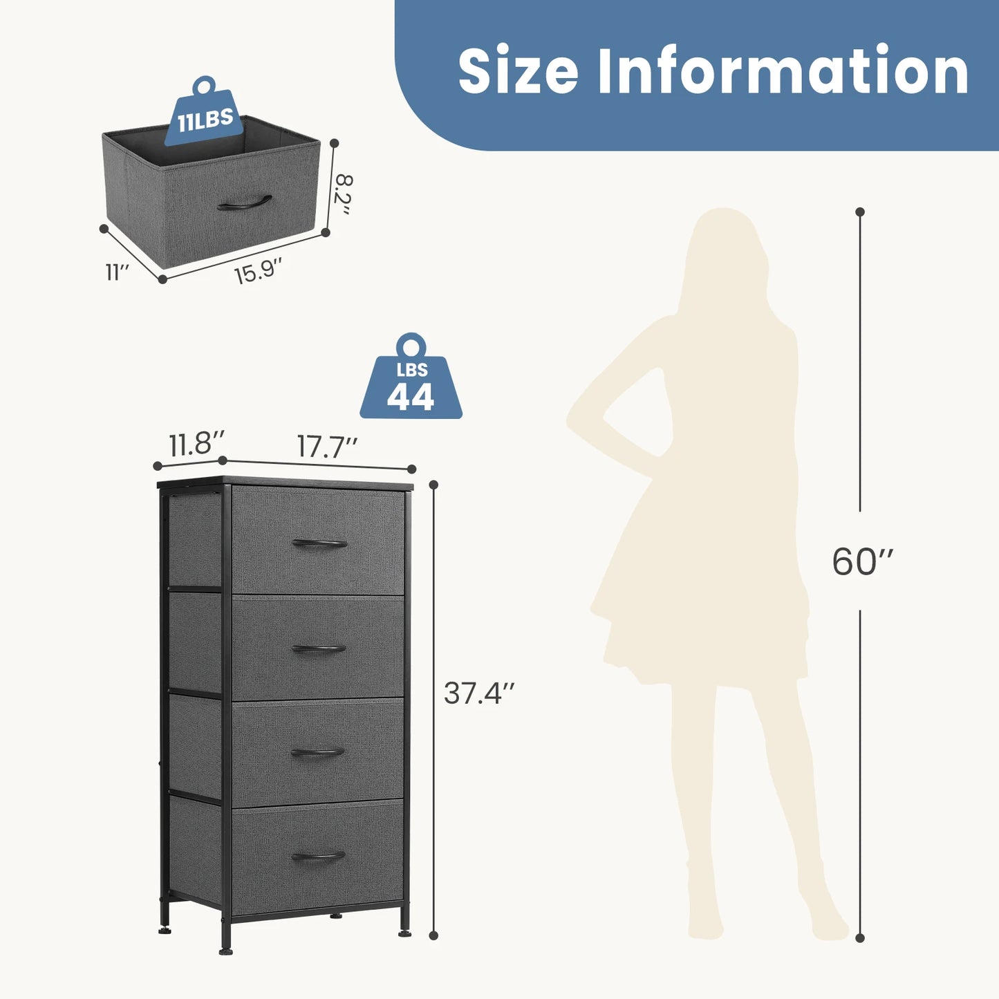 JHK Dresser With 4 Fabric Drawers And Steel Frame Storage