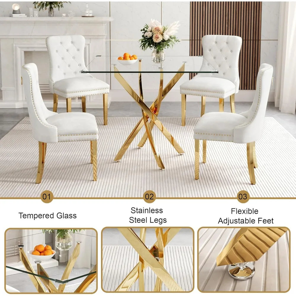 ANGDUO Modern Square Glass Dining Table Set With Velvet Chairs