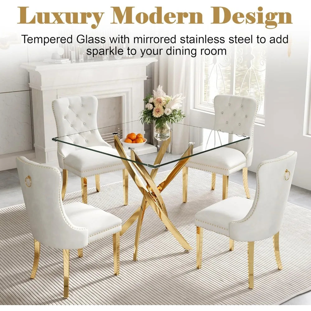 ANGDUO Modern Square Glass Dining Table Set With Velvet Chairs